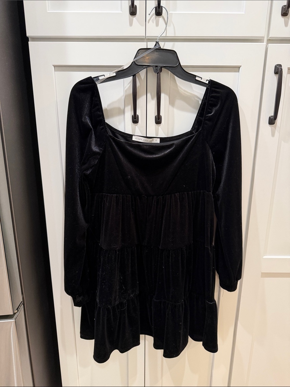 Altar'd State Black Velvet Tiered Long-Sleeve Dress
